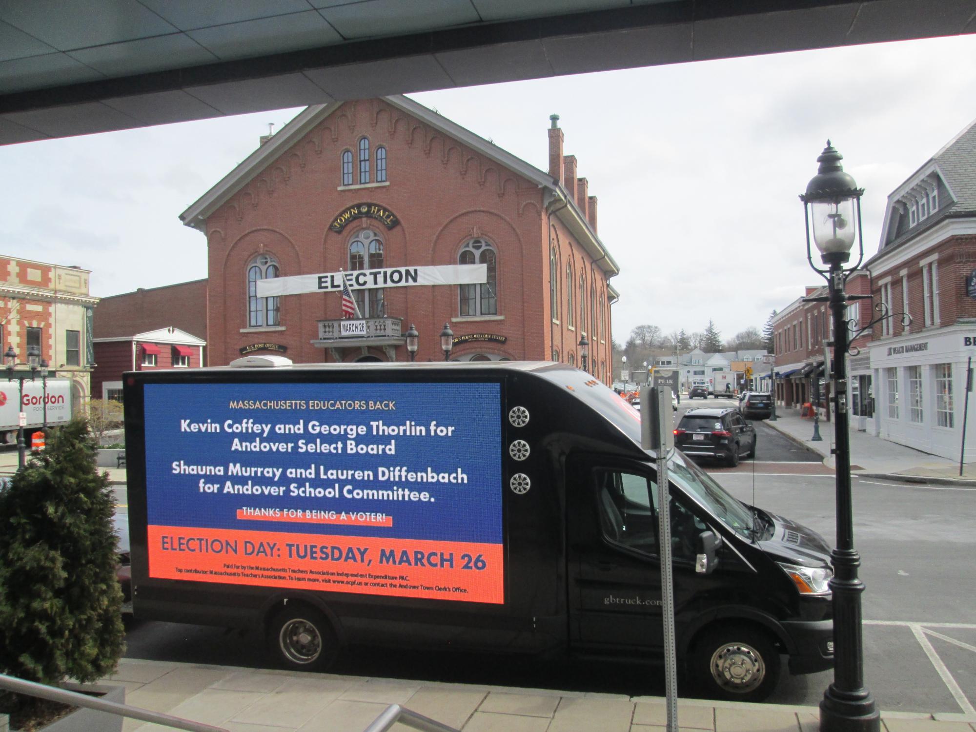 LED mobile billboard truck parked in the Boston MA suburb of Andover MA.