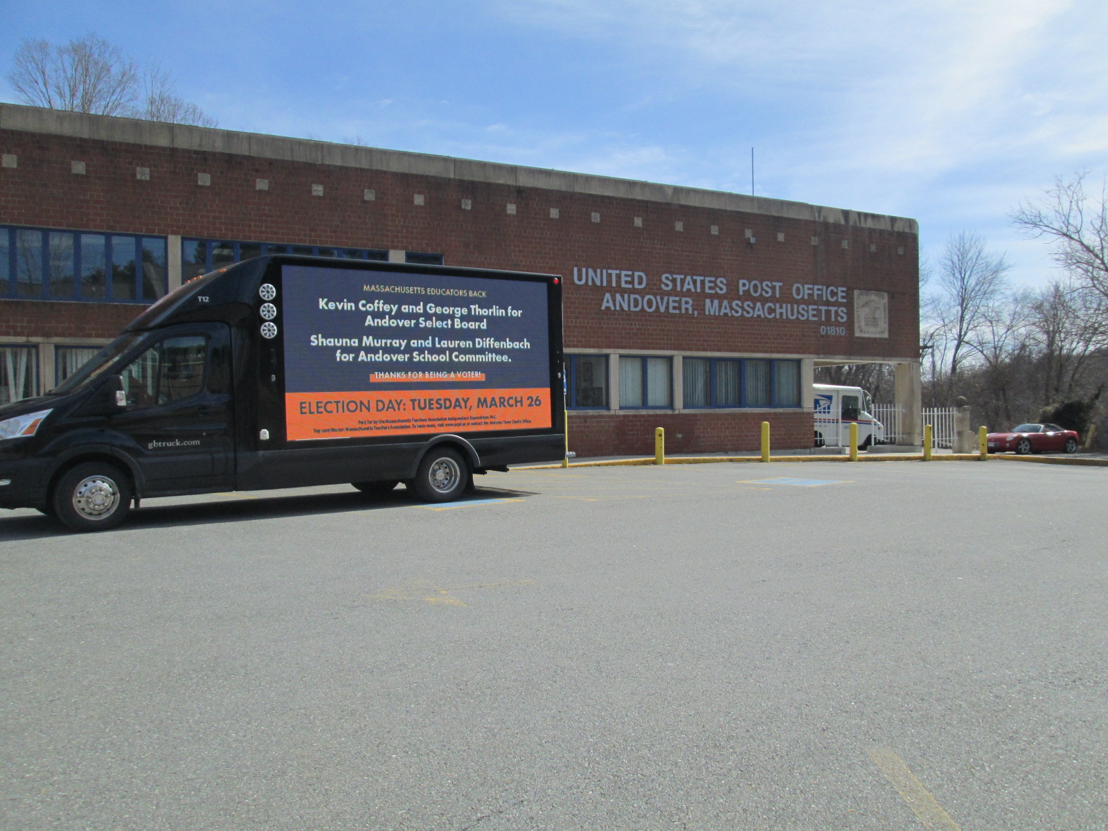 Digital LED billboard truck stopped at the U.S. Post Office in Andover MA